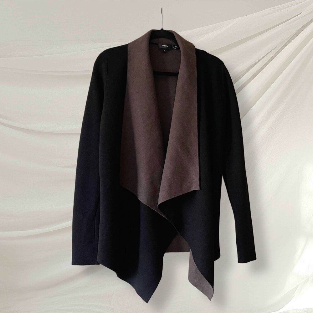 Theory Double Face Wool Drape Cardigan Brown Black Open Front Jacket Size P